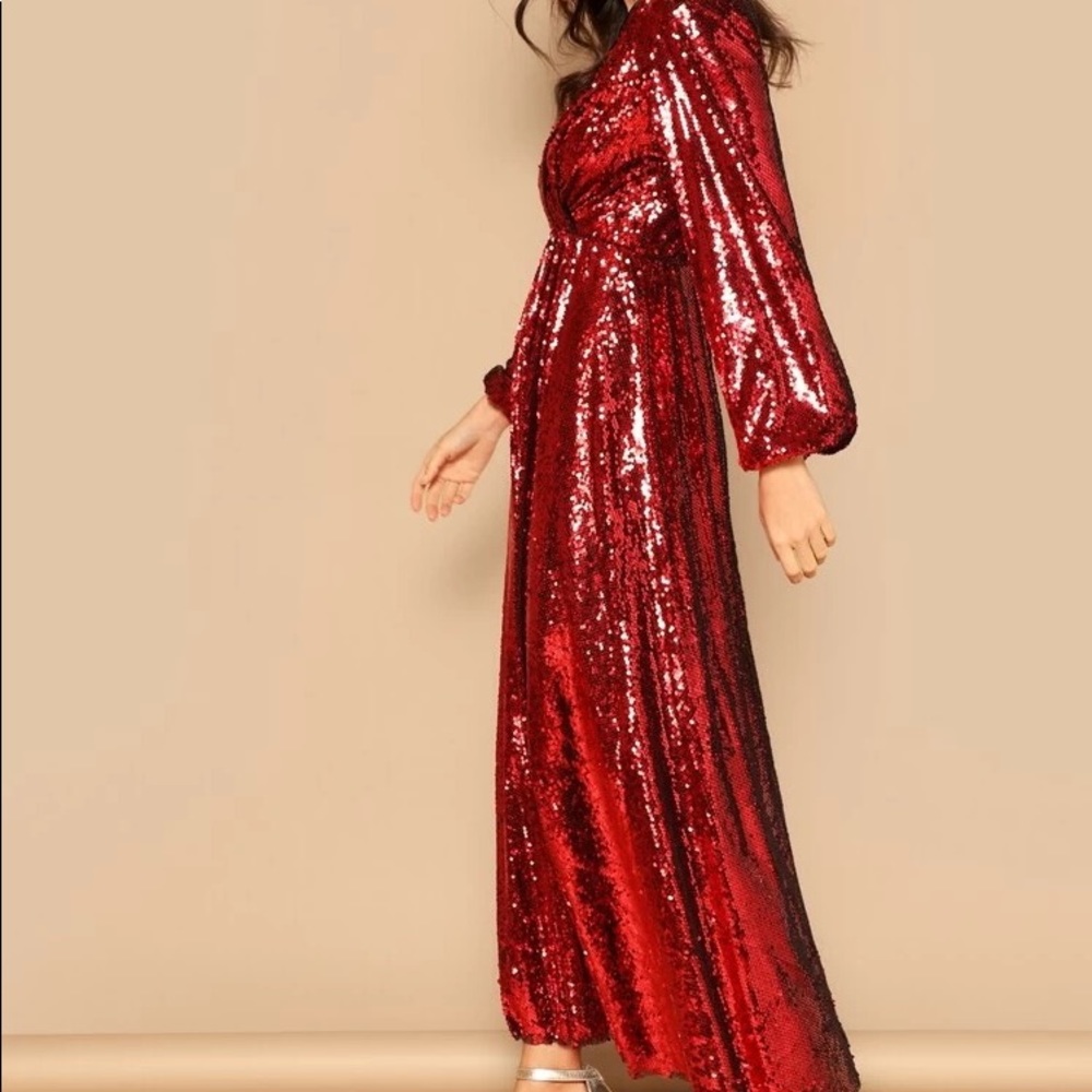 Long Sleeve Red Sequin Maxi Dress